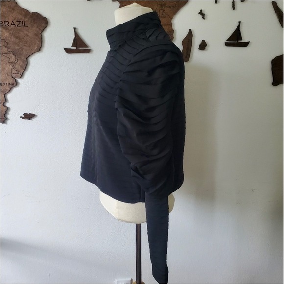Black Pleated Ruffle Long Sleeve Blouse With Mock Neck & Button Back Size M - Picture 4 of 6